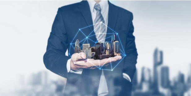 Commercial real estate Hanover, PA investment concept with a businessman presenting modern office and retail development opportunities